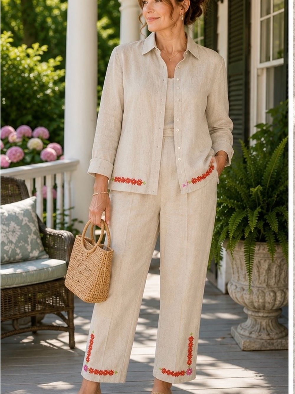 David N Petites 2-Piece Linen Embroidered Floral Pant Set Size 12P Cottagecore